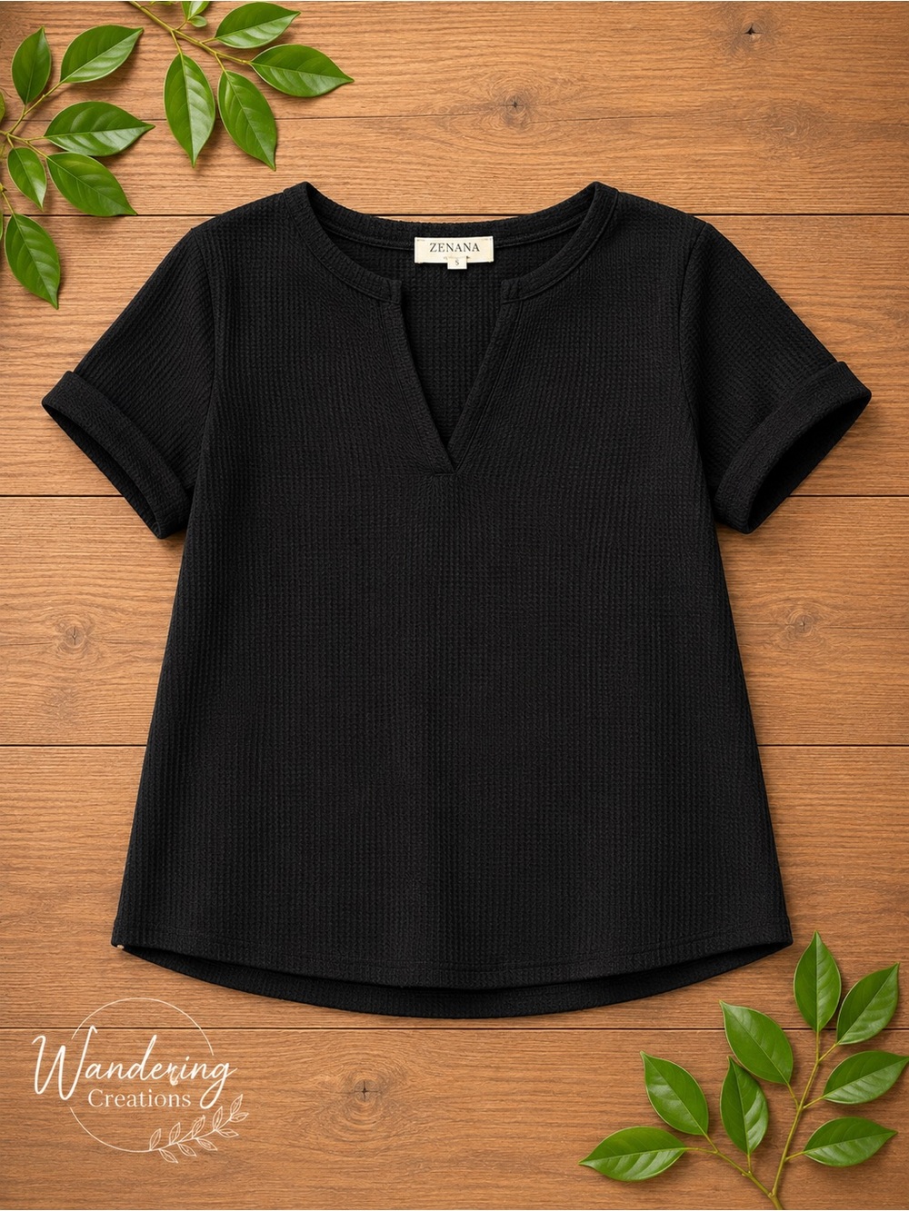 Zenana  Black Short Sleeve Notch-Neck Waffle Top